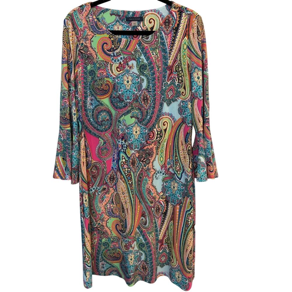 Tommy Hilfiger Paisley Bell Sleeve Shift Dress Multicolor Jaipur Boho Size 12